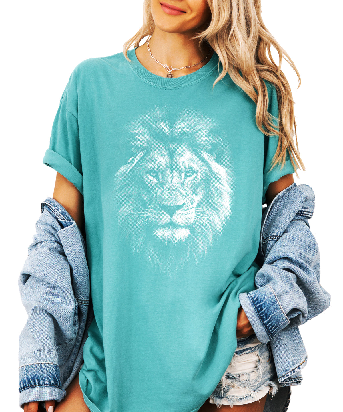 Distressed lion graphic tee in Seafoam on a Comfort Colors 1717 heavyweight cotton shirt, view 1