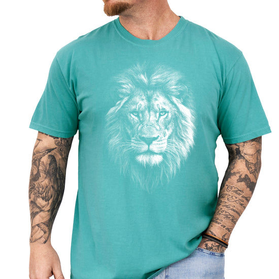 Distressed lion graphic tee in Seafoam on a Comfort Colors 1717 heavyweight cotton shirt, view 2