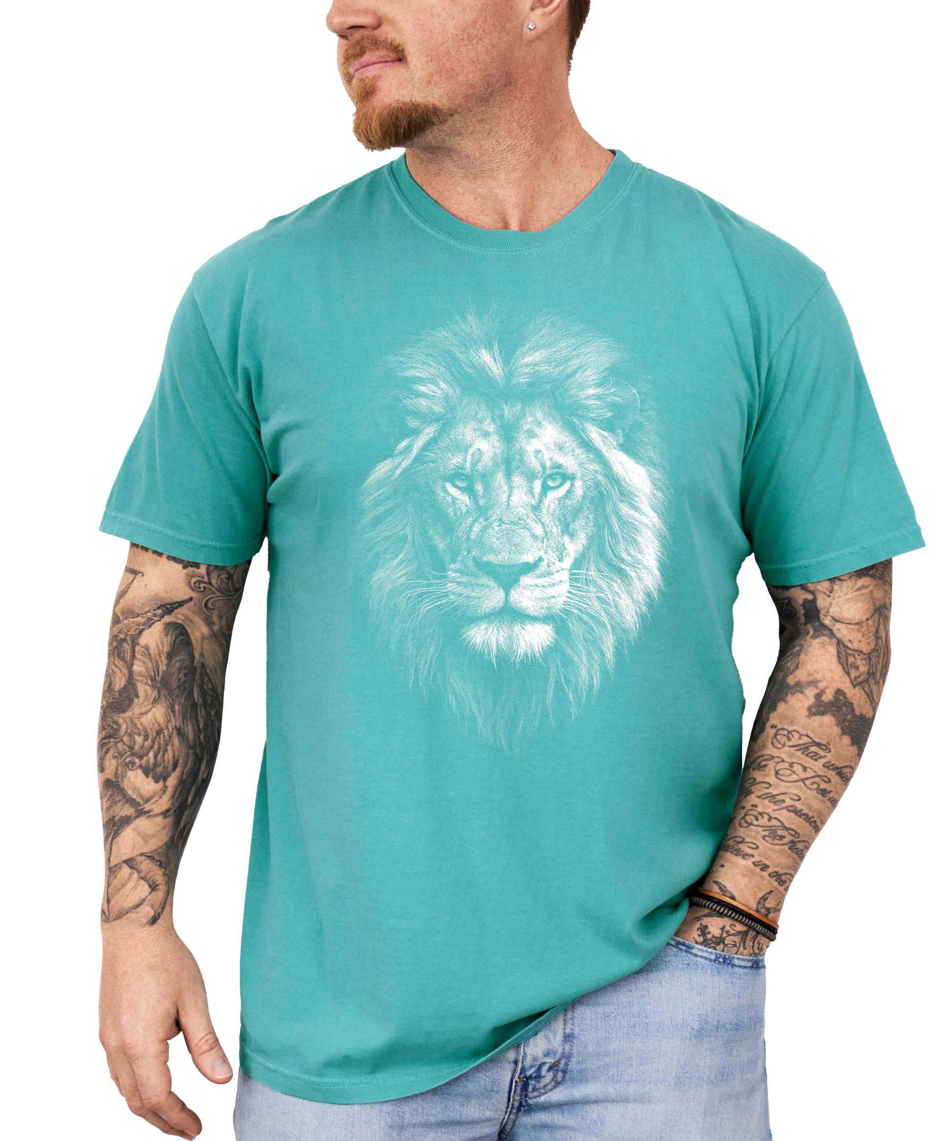 Distressed lion graphic tee in Seafoam on a Comfort Colors 1717 heavyweight cotton shirt, view 2