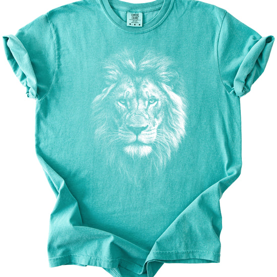 Distressed lion graphic tee in Seafoam on a Comfort Colors 1717 heavyweight cotton shirt, view 3