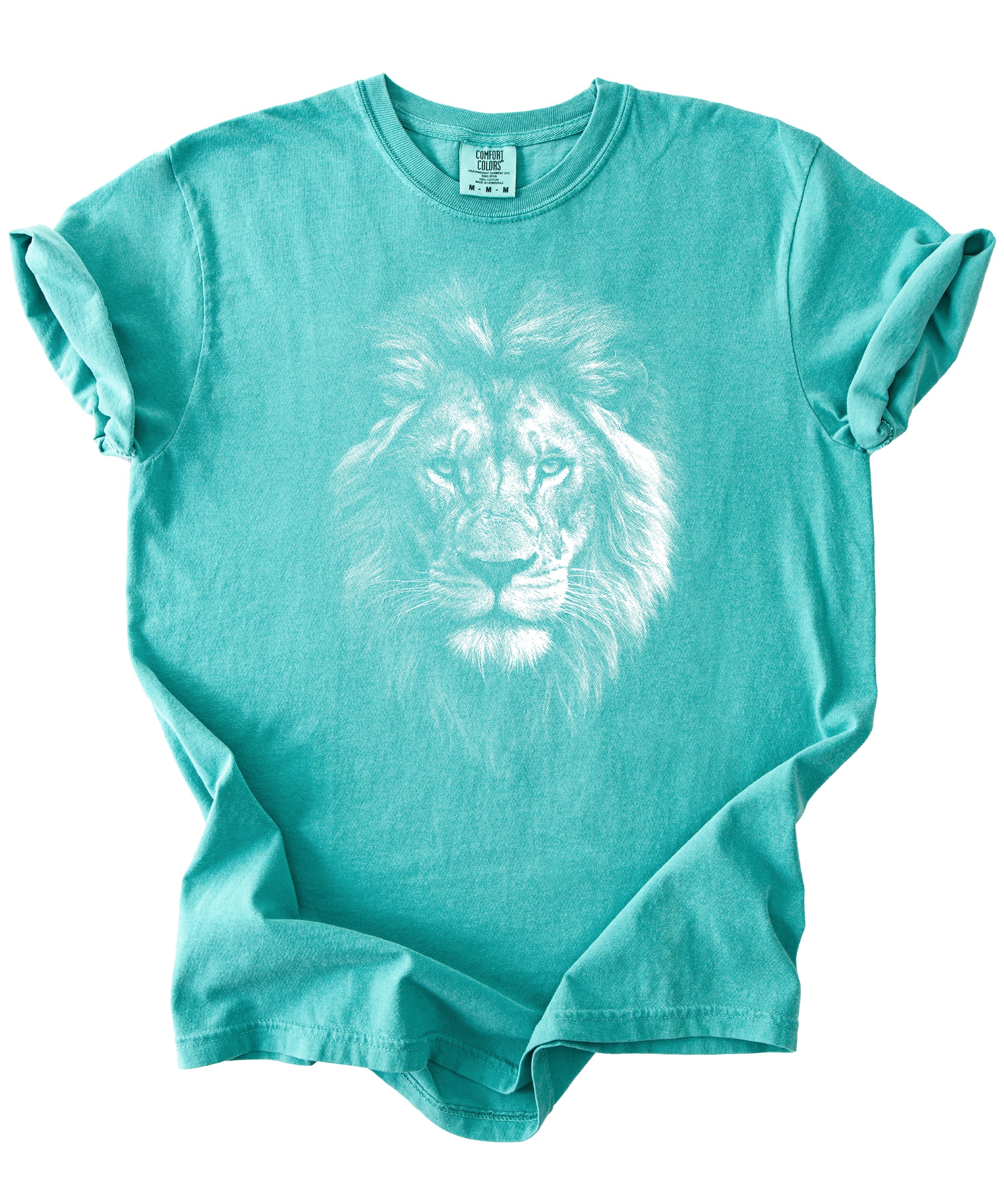 Distressed lion graphic tee in Seafoam on a Comfort Colors 1717 heavyweight cotton shirt, view 3