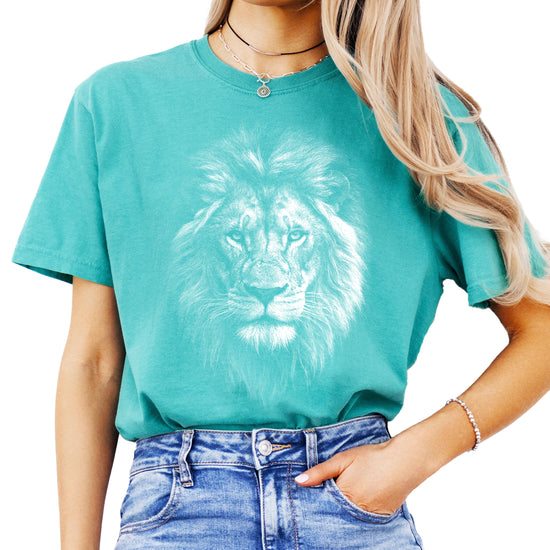 Distressed lion graphic tee in Seafoam on a Comfort Colors 1717 heavyweight cotton shirt, view 4