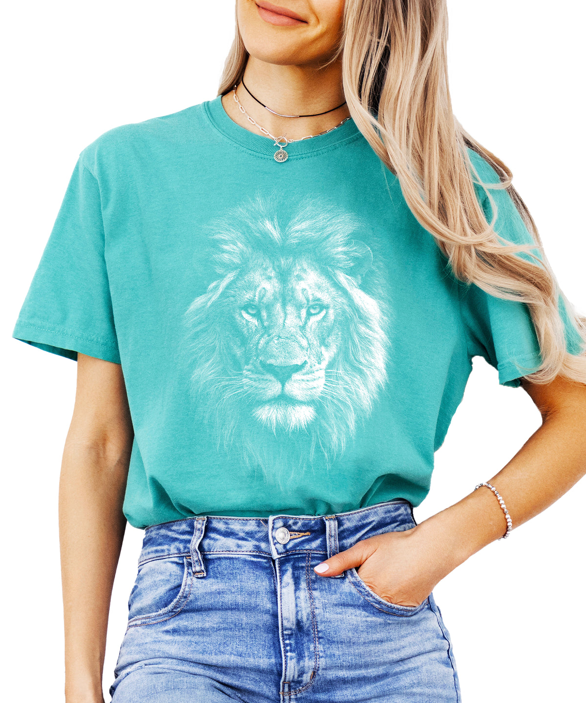 Distressed lion graphic tee in Seafoam on a Comfort Colors 1717 heavyweight cotton shirt, view 4