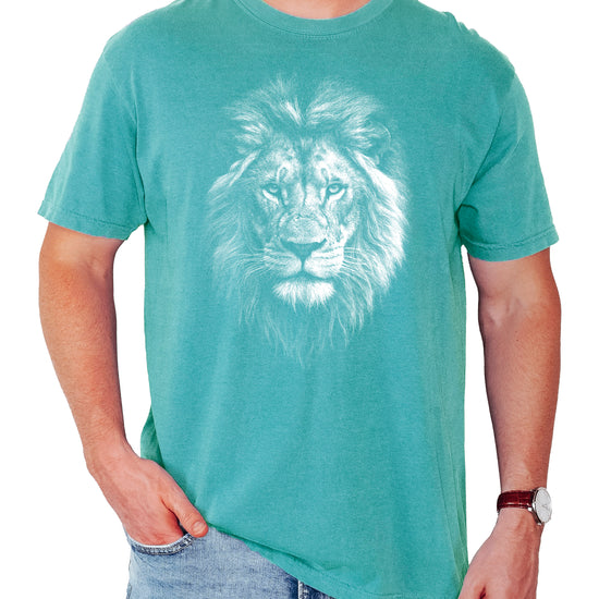 Distressed lion graphic tee in Seafoam on a Comfort Colors 1717 heavyweight cotton shirt, view 5