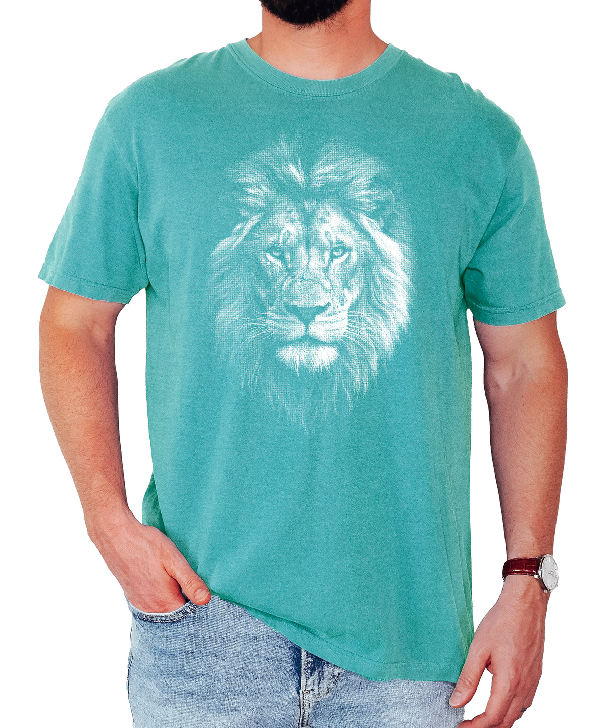 Distressed lion graphic tee in Seafoam on a Comfort Colors 1717 heavyweight cotton shirt, view 5