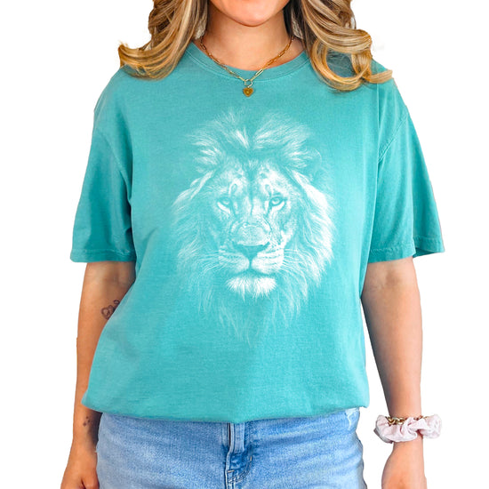 Distressed lion graphic tee in Seafoam on a Comfort Colors 1717 heavyweight cotton shirt, view 7