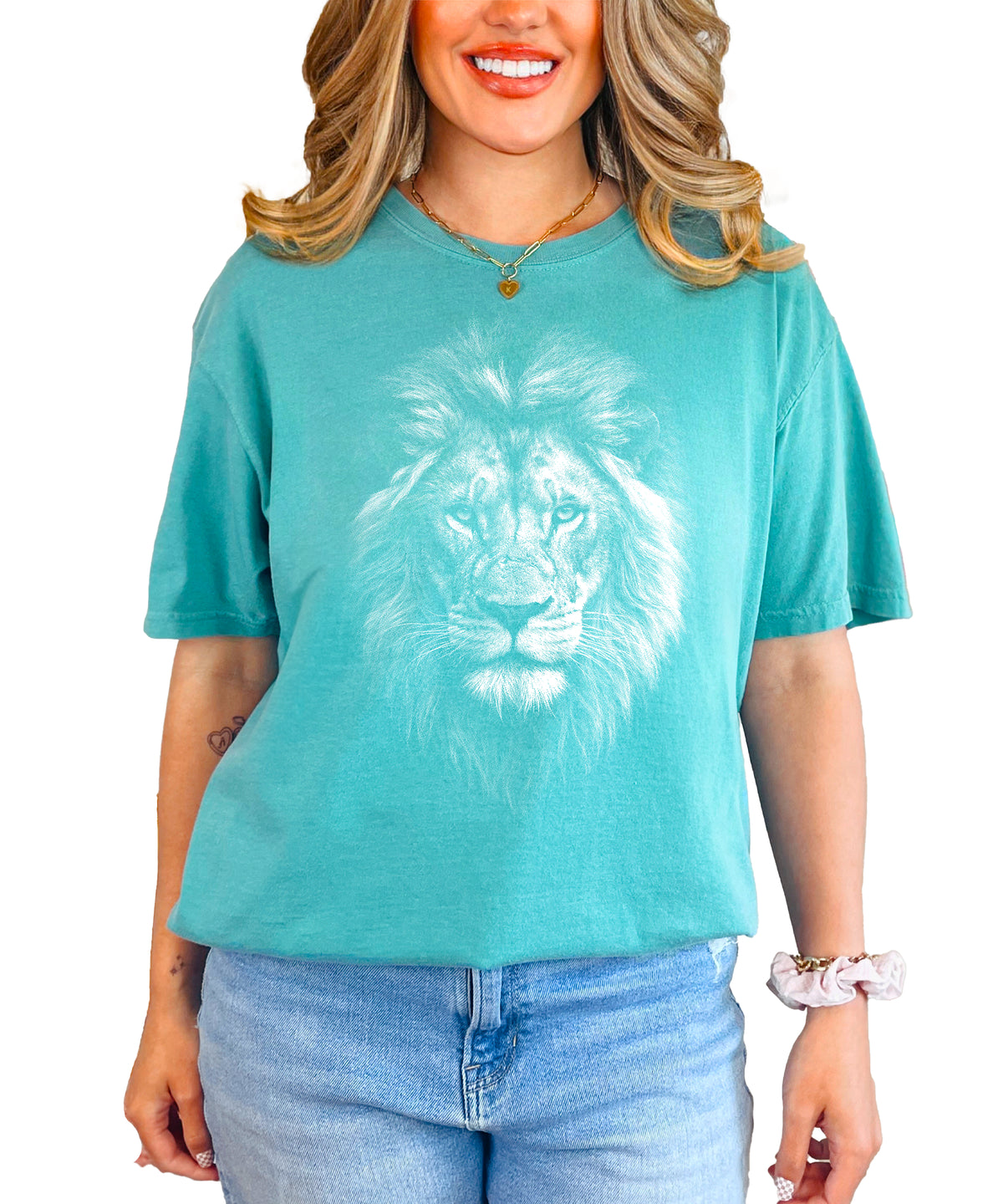 Distressed lion graphic tee in Seafoam on a Comfort Colors 1717 heavyweight cotton shirt, view 7
