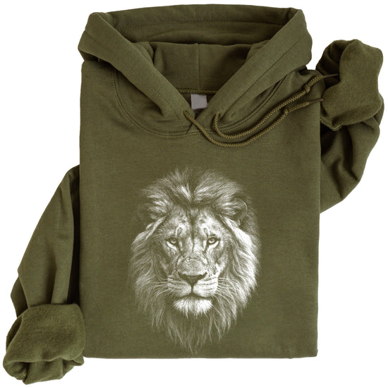 Distressed lion mascot hoodie in Army Green, unisex cotton-poly fleece pullover, view 1