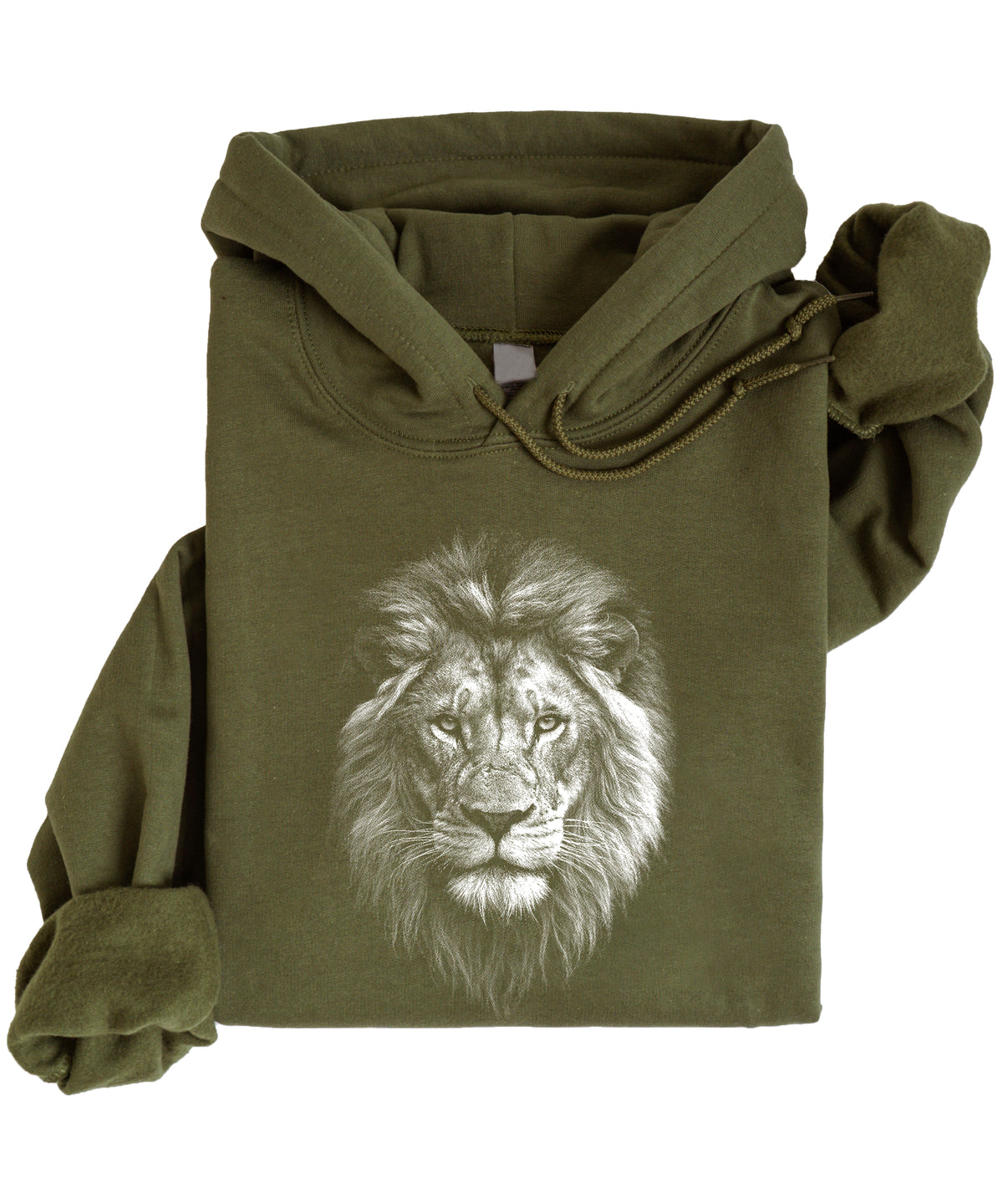 Distressed lion mascot hoodie in Army Green, unisex cotton-poly fleece pullover, view 1