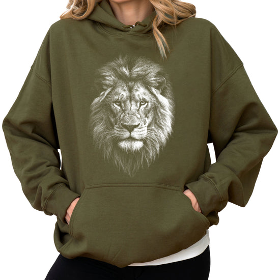 Distressed lion mascot hoodie in Army Green, unisex cotton-poly fleece pullover, view 2