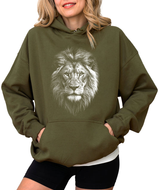 Distressed lion mascot hoodie in Army Green, unisex cotton-poly fleece pullover, view 2