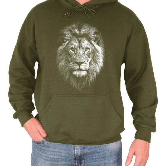 Distressed lion mascot hoodie in Army Green, unisex cotton-poly fleece pullover, view 3