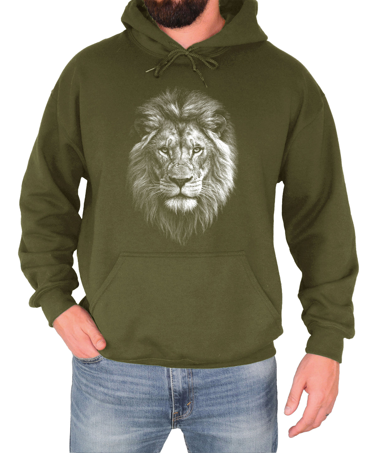 Distressed lion mascot hoodie in Army Green, unisex cotton-poly fleece pullover, view 3