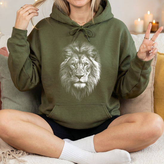 Distressed lion mascot hoodie in Army Green, unisex cotton-poly fleece pullover, view 4