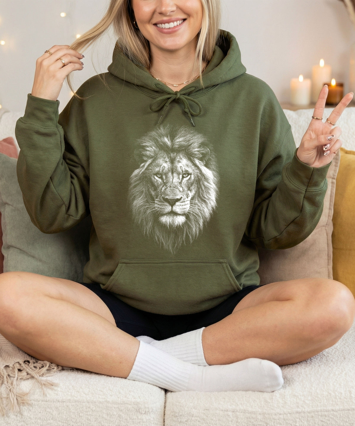 Distressed lion mascot hoodie in Army Green, unisex cotton-poly fleece pullover, view 4