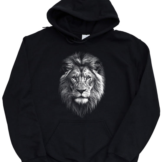Distressed lion mascot hoodie in Black, unisex cotton-poly fleece pullover, view 1