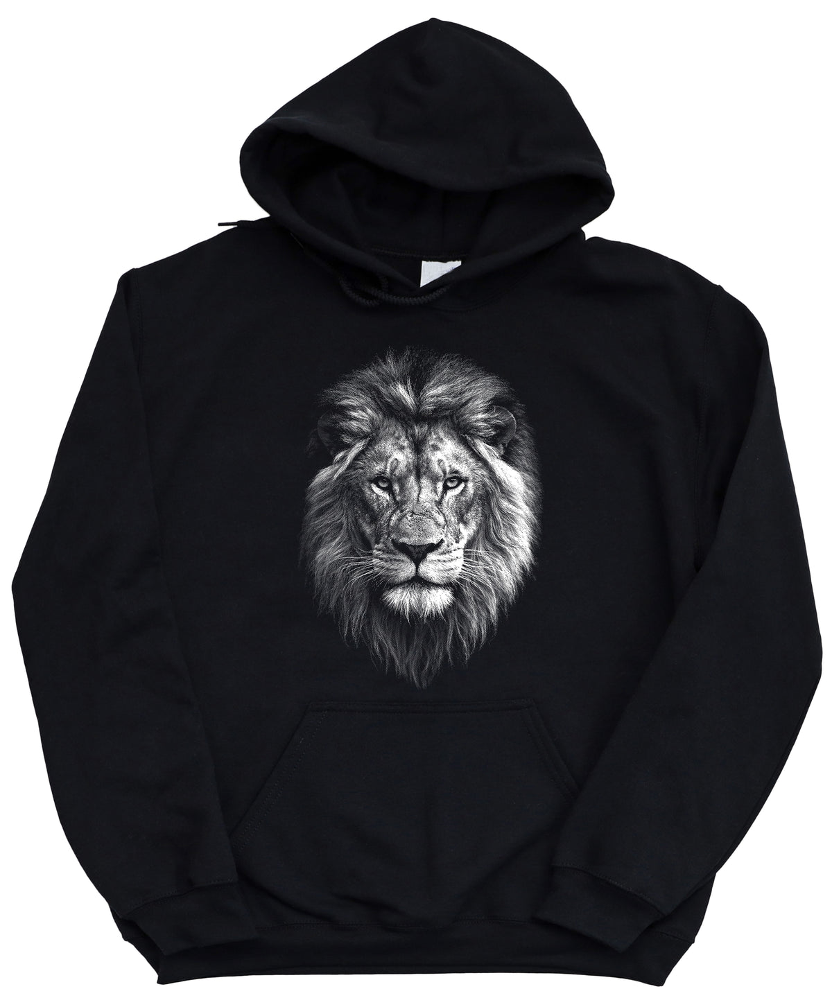 Distressed lion mascot hoodie in Black, unisex cotton-poly fleece pullover, view 1