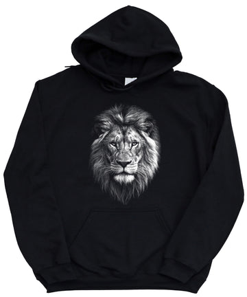 Distressed lion mascot hoodie in Black, unisex cotton-poly fleece pullover, view 1