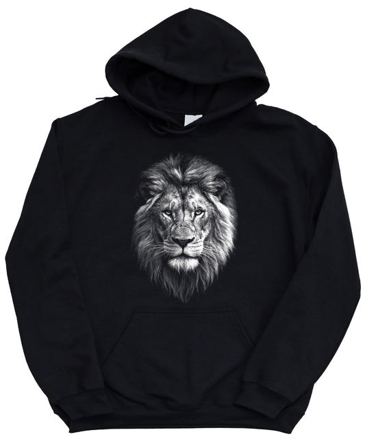 Distressed lion mascot hoodie in Black, unisex cotton-poly fleece pullover, view 1