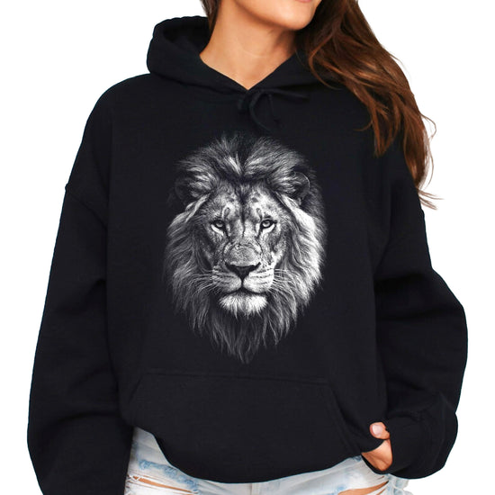 Distressed lion mascot hoodie in Black, unisex cotton-poly fleece pullover, view 2