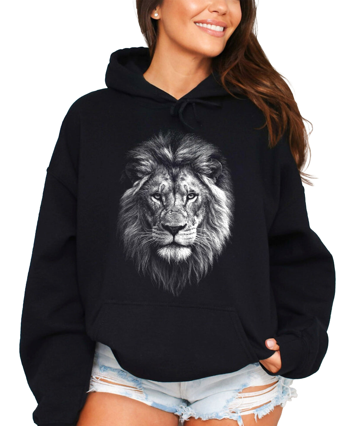 Distressed lion mascot hoodie in Black, unisex cotton-poly fleece pullover, view 2