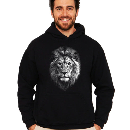 Distressed lion mascot hoodie in Black, unisex cotton-poly fleece pullover, view 3