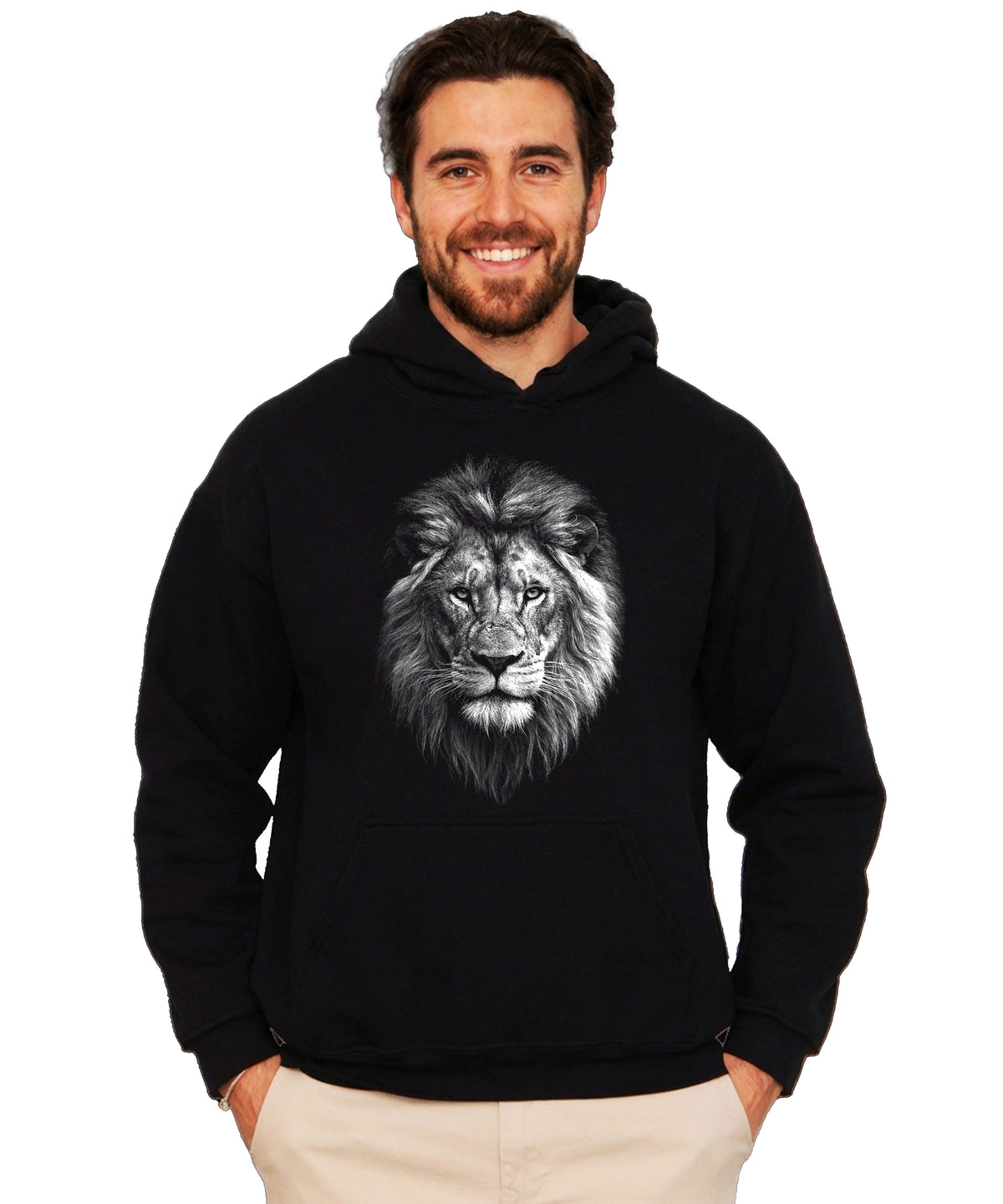 Distressed lion mascot hoodie in Black, unisex cotton-poly fleece pullover, view 3