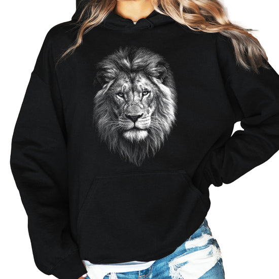 Distressed lion mascot hoodie in Black, unisex cotton-poly fleece pullover, view 4