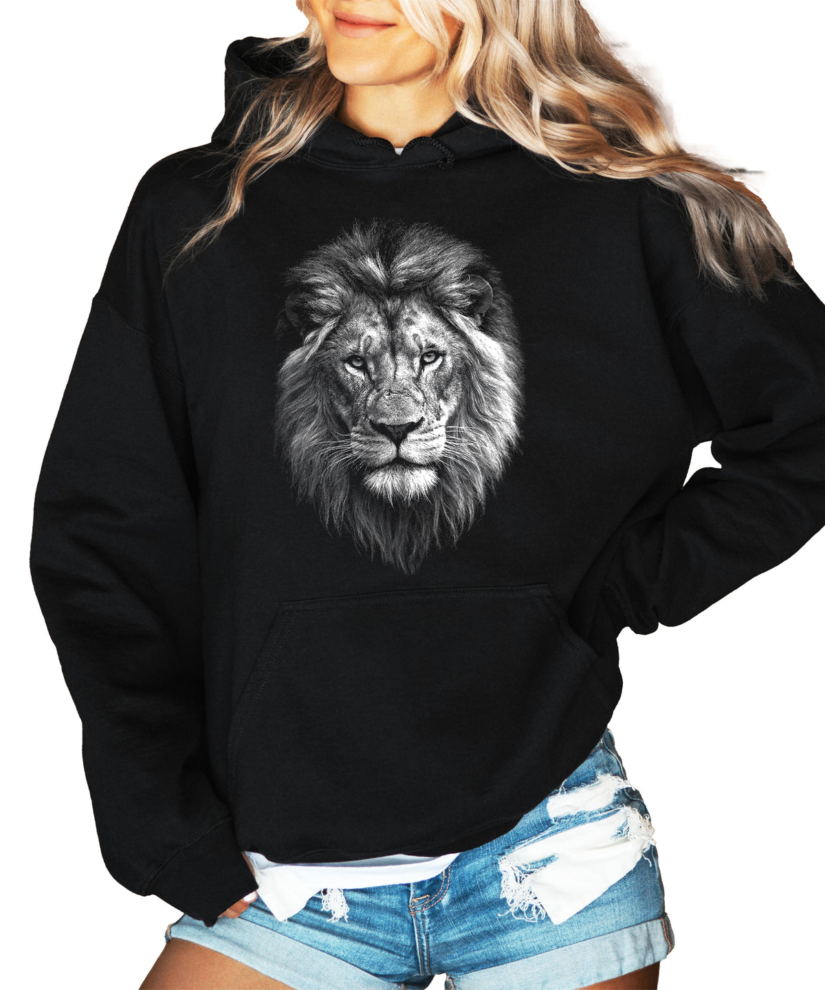 Distressed lion mascot hoodie in Black, unisex cotton-poly fleece pullover, view 4