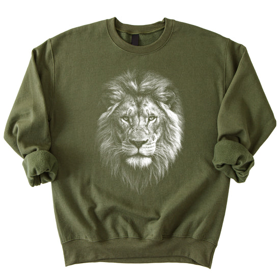 Distressed lion sweatshirt in Army Green, unisex crewneck, front view