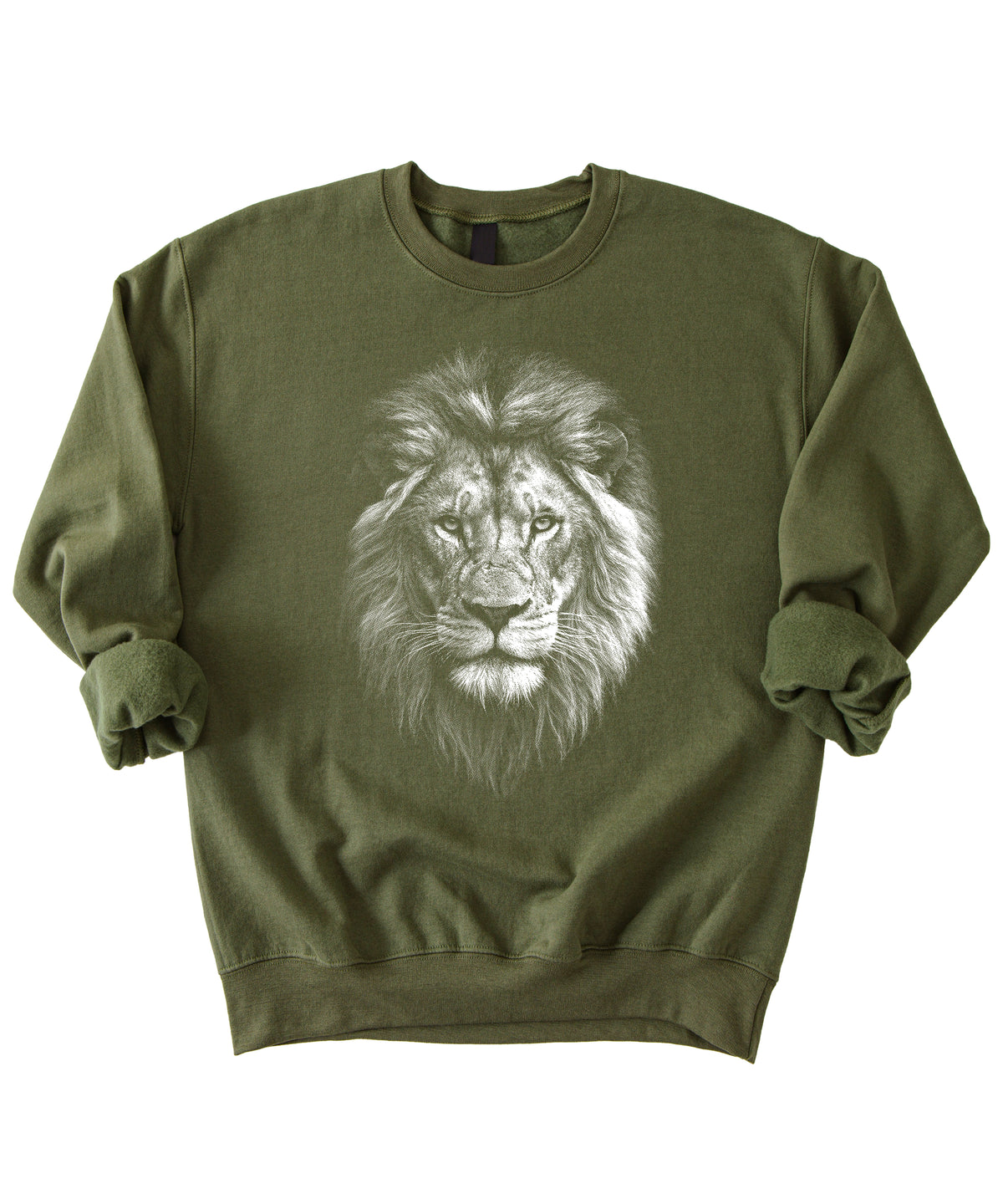 Distressed lion sweatshirt in Army Green, unisex crewneck, front view