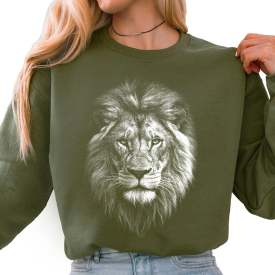 Distressed lion sweatshirt in Army Green, unisex crewneck, graphic close-up