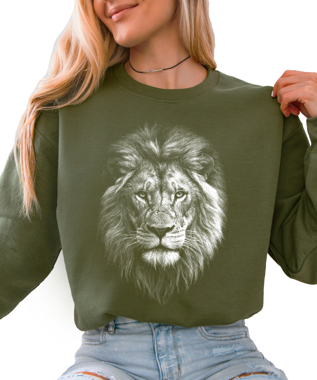 Distressed lion sweatshirt in Army Green, unisex crewneck, graphic close-up
