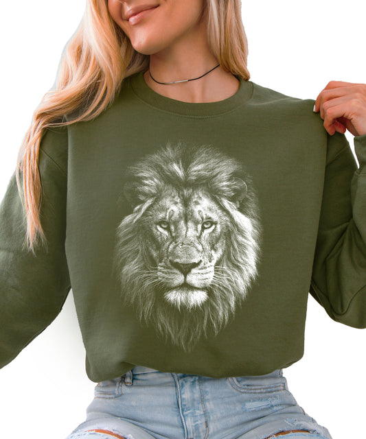 Distressed lion sweatshirt in Army Green, unisex crewneck, graphic close-up
