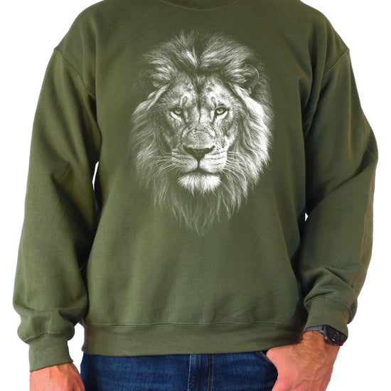 Distressed lion sweatshirt in Army Green, unisex crewneck, lifestyle view