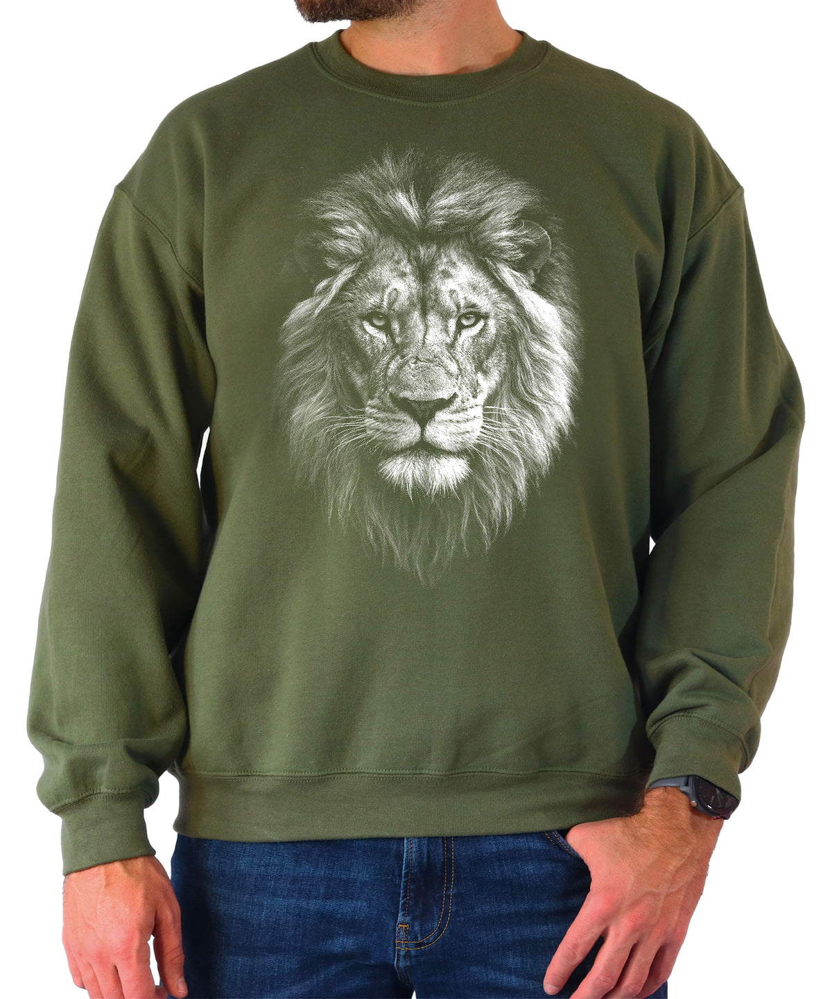 Distressed lion sweatshirt in Army Green, unisex crewneck, lifestyle view