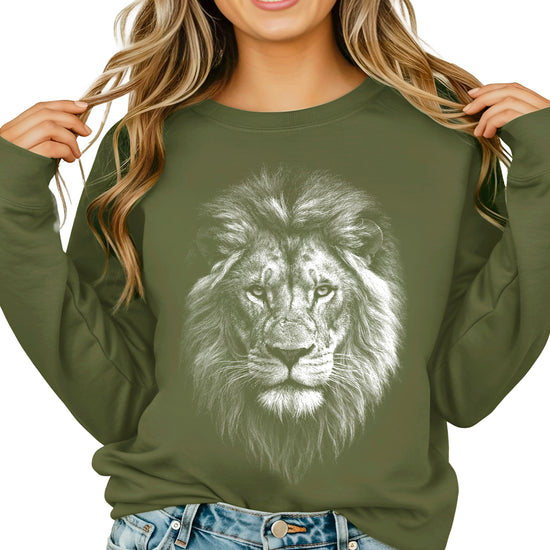 Distressed lion sweatshirt in Army Green, unisex crewneck, detail view