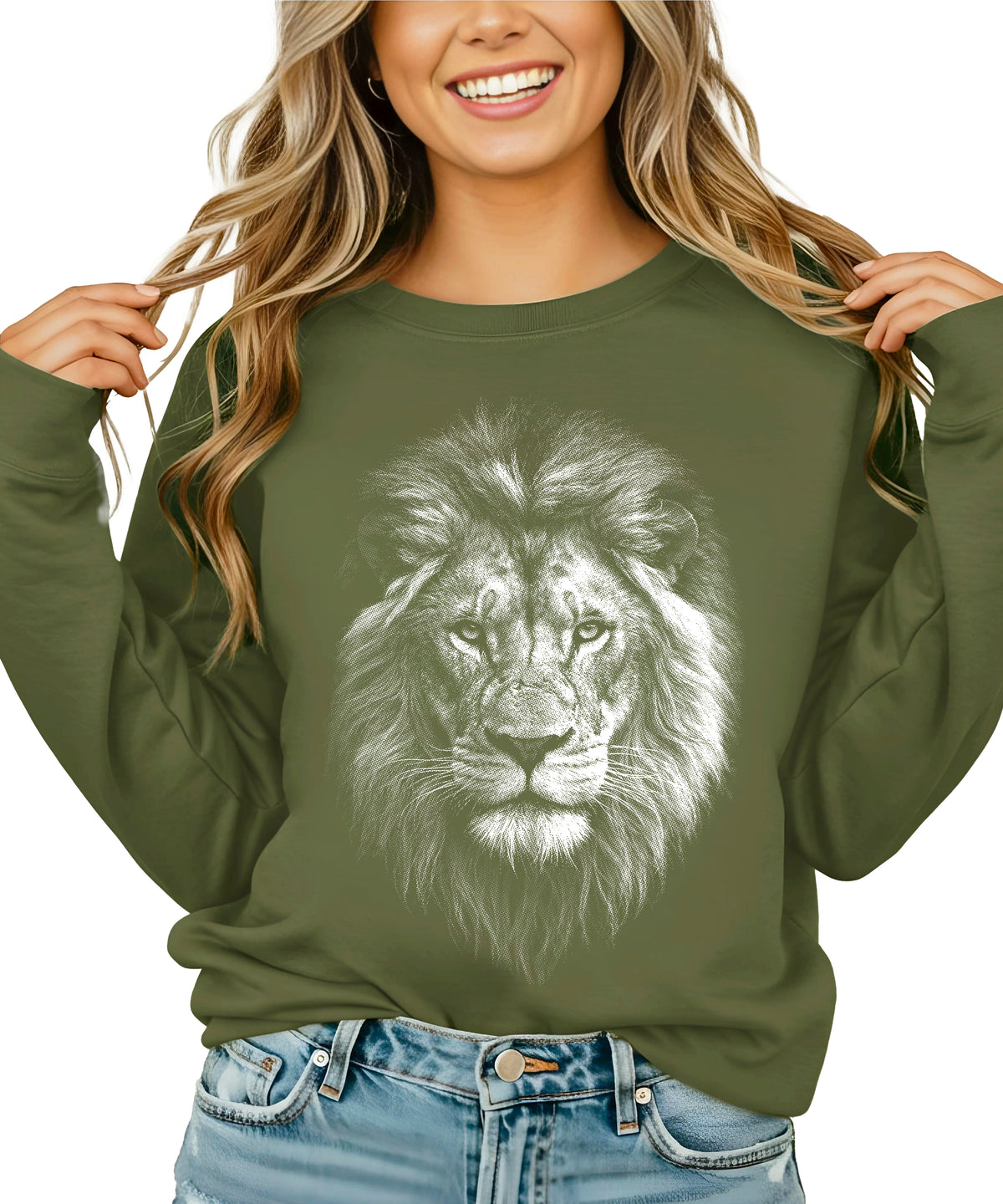 Distressed lion sweatshirt in Army Green, unisex crewneck, detail view