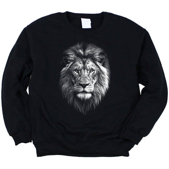 Distressed lion sweatshirt in Black, unisex crewneck, front view
