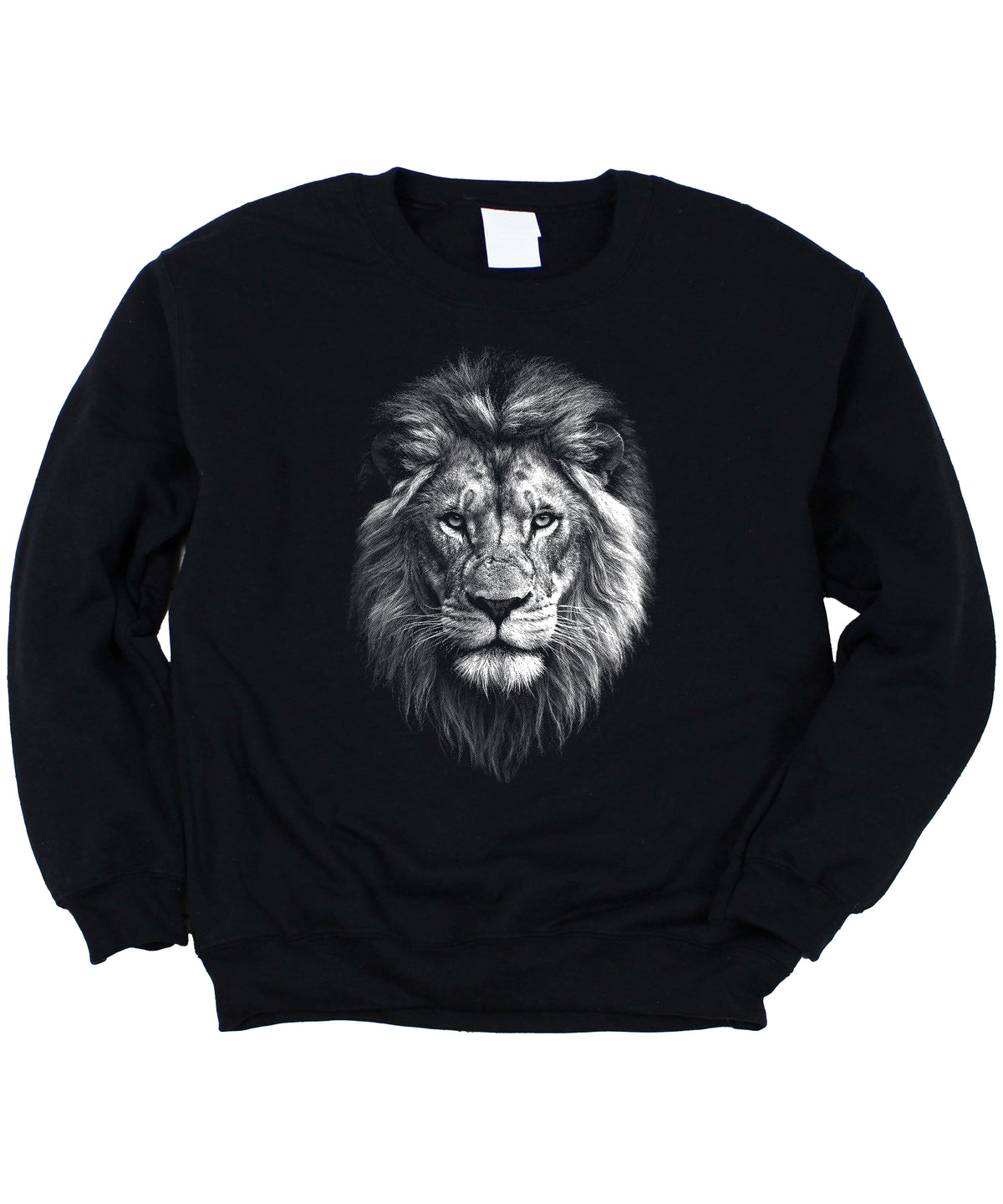 Distressed lion sweatshirt in Black, unisex crewneck, front view