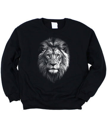 Distressed lion sweatshirt in Black, unisex crewneck, front view