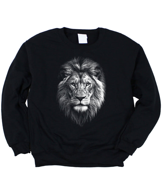 Distressed lion sweatshirt in Black, unisex crewneck, front view