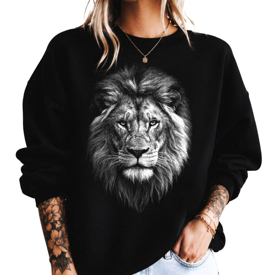 Distressed lion sweatshirt in Black, unisex crewneck, graphic close-up