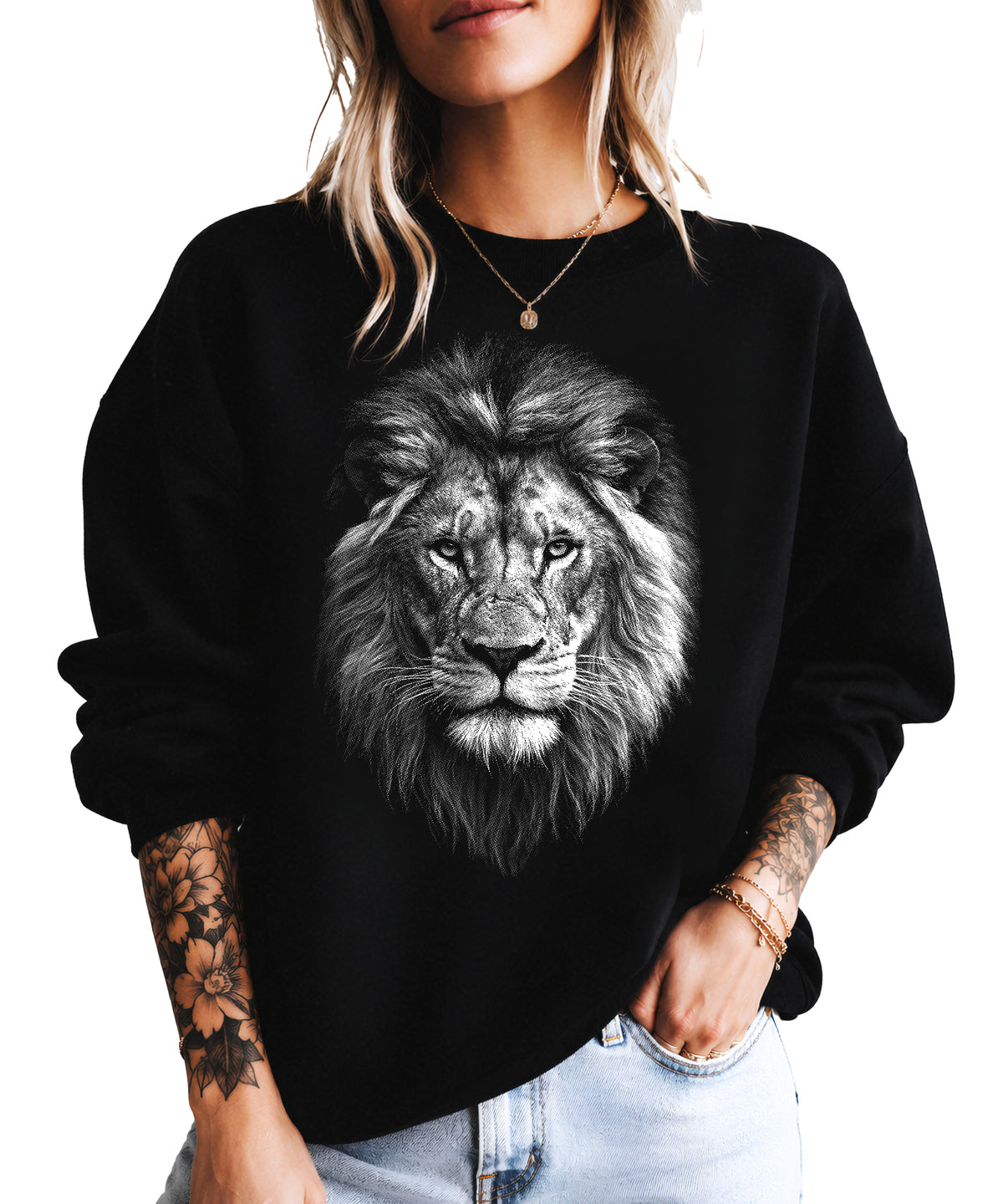 Distressed lion sweatshirt in Black, unisex crewneck, graphic close-up