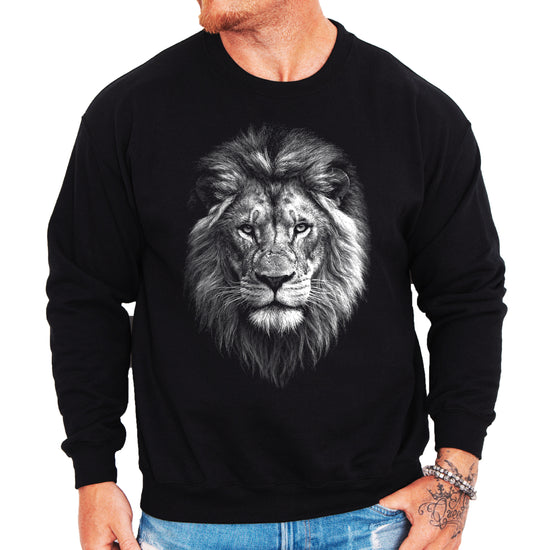 Distressed lion sweatshirt in Black, unisex crewneck, lifestyle view
