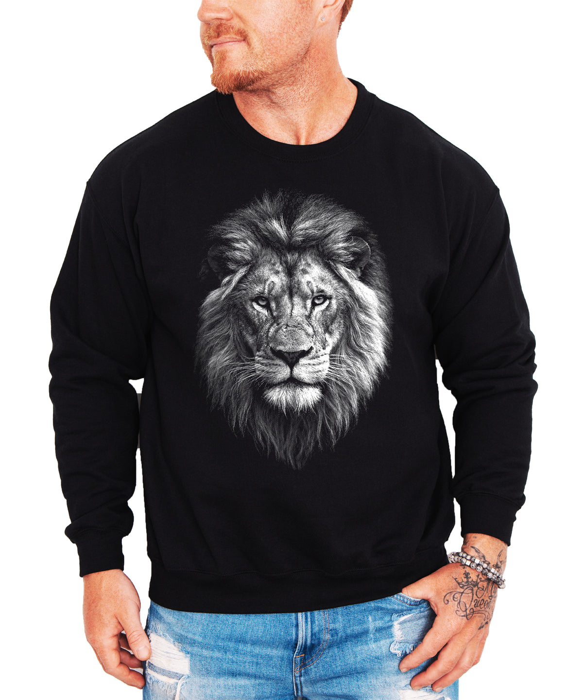 Distressed lion sweatshirt in Black, unisex crewneck, lifestyle view