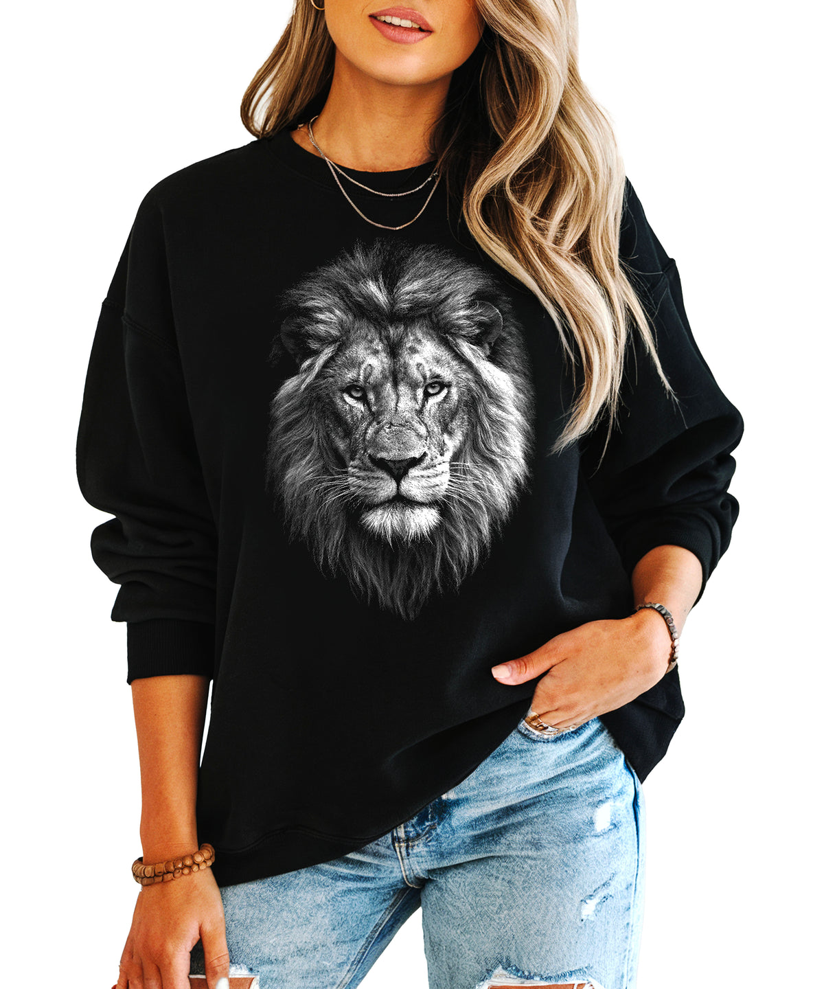 Distressed lion sweatshirt in Black, unisex crewneck, detail view