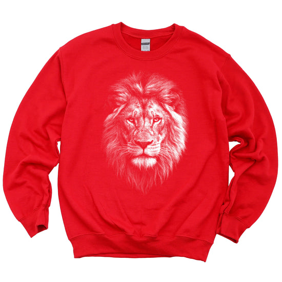 Distressed lion sweatshirt in Red, unisex crewneck, front view