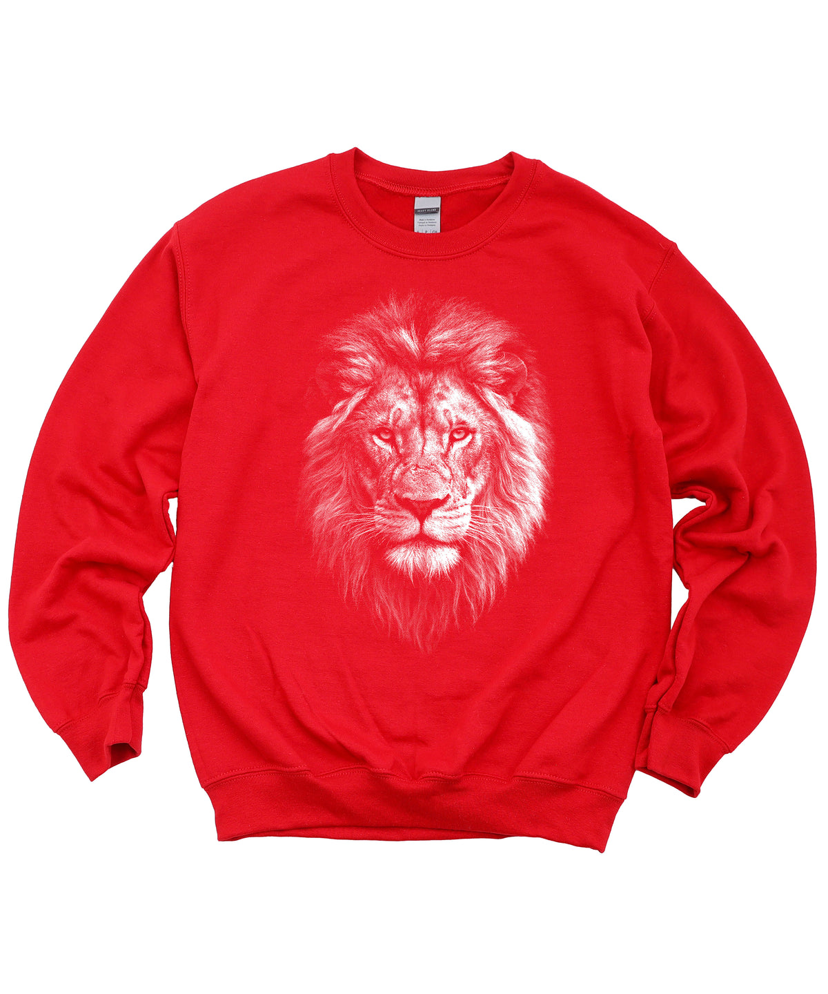 Distressed lion sweatshirt in Red, unisex crewneck, front view