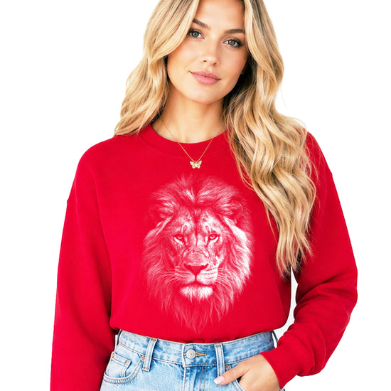 Distressed lion sweatshirt in Red, unisex crewneck, graphic close-up